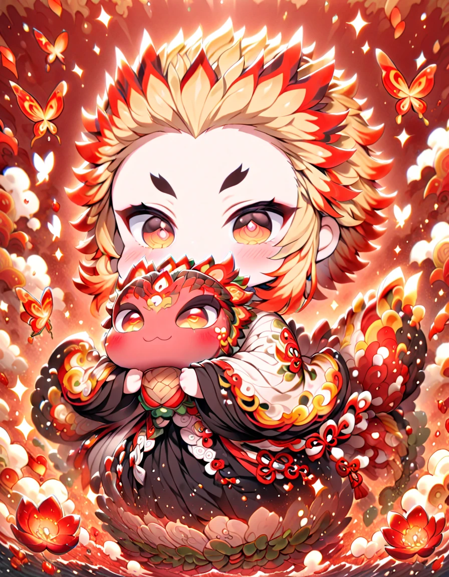 absurdres, highres, ultra detailed, HDR, master piece, best quality, Rengoku Kyojuro chibi, blonde hair, expressive orange eyes, kimetsu no yaiba, solo, cute, boy, hugging a red dragon, white haori, black kimono, patterns, magical, fantasy, red background, red lotus, shining, red petals, red glittering butterflies