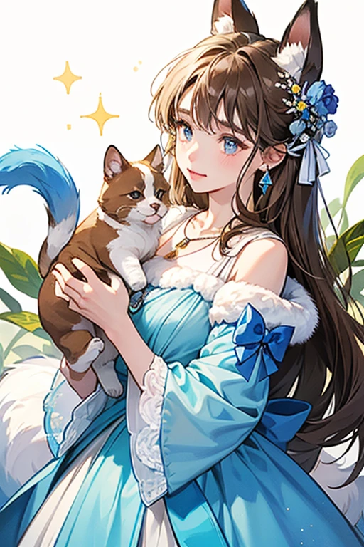 She has pale blue fur, brown tips on her ears, brown paws, a brown tail, black oval eyes, and a brown oval nose. She wears a necklace with a blue flower pendant, a light blue bow around her tail, and a white flower on her left ear. SPARKLE; GLITTER
