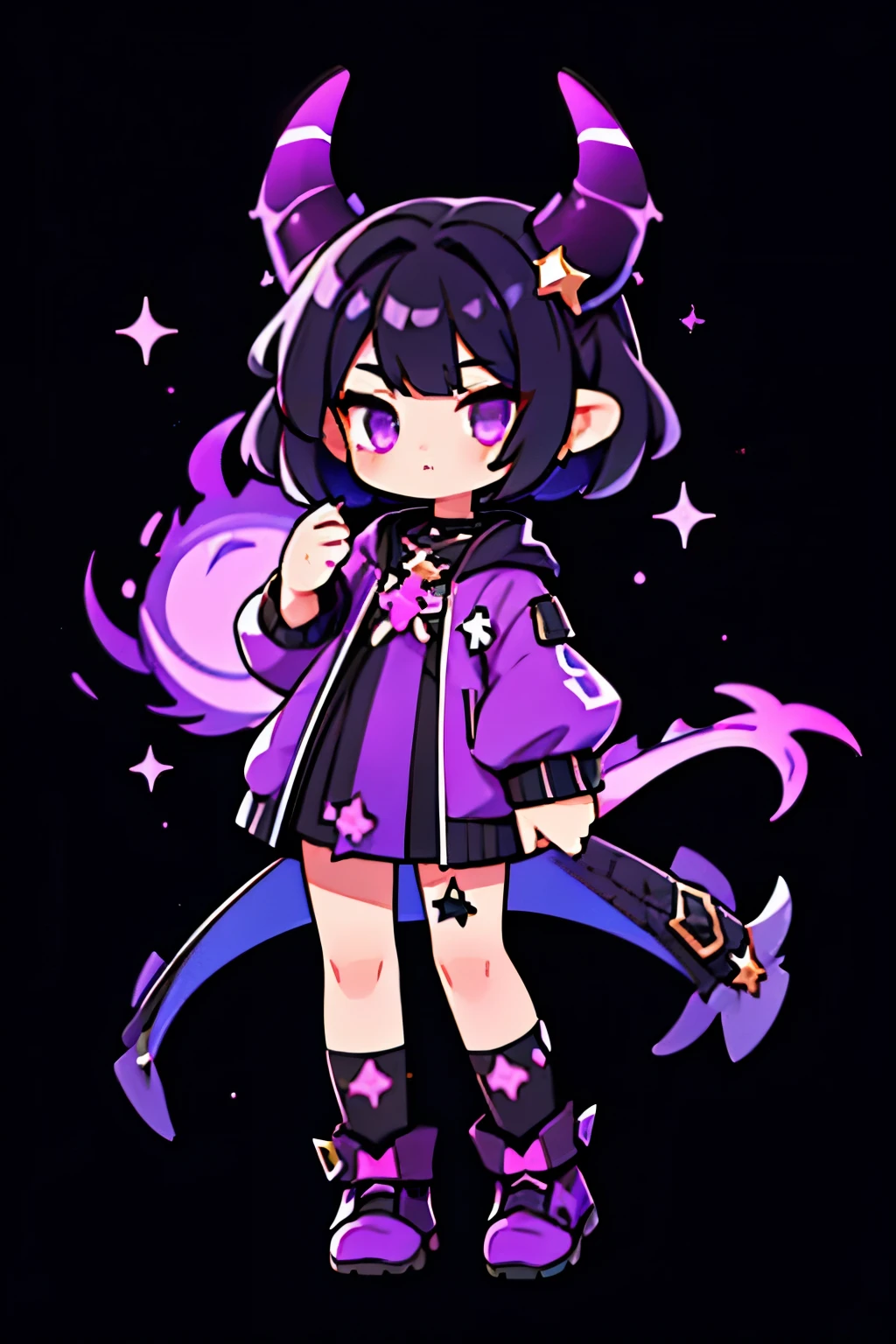 a dragon girl from the universe with short black starry hair with purple and black horns and a black tail with clothes with star details full body with black boots and a star at the tip with a dark purple sock