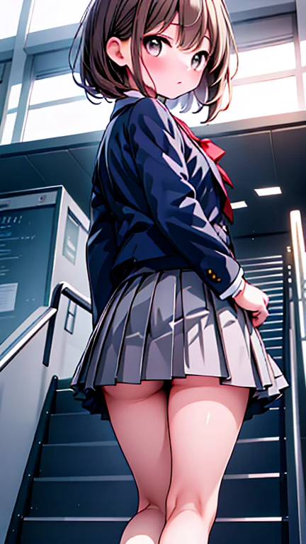 ((highest quality)), ((masterpiece)), (Familiar), A high school girl riding an escalator on her way to school、Glare、Navy Blazer、mini skirt、Navy blue socks、Back view、Secret photos、(View from directly below)、Navy blue socksのクローズアップ、mangaコマ割り、Manga style、manga、Station Escalator、Everybody line up on the left、顔のみのコマとBack viewのコマ,((Short brown hair)), Beautiful brown hair, (Clear brown eyes), Slightly chubby,Small breasts,