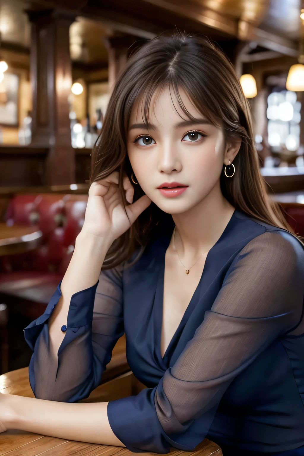 masterpiece, highest quality, Realistic, Very detailed, Finer details, High resolution, 8k wallpaper, One beautiful woman, Wear a navy blue see-through blouse, In a great pub, At night, Light brown messy layered hair, Perfect dynamic composition, Beautiful and beautiful eyes、Big earrings、Sitting in a chair、