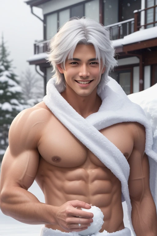 best quality,masterpiece,Ultra high detail,A handsome muscular man,Short white haired Fractal Sesshomaru, shirtless in the snow . playing with the snow man , smiling