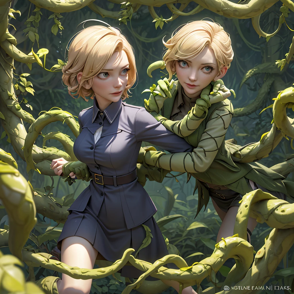 (Show Cate from head to toe)(Cate Blanchett (age 25), dressed appropriate to the scene) is in the Deep Space Exploration Force, having landed her explorer shuttle on a jungle world and set off on foot. She has become ensnared in the eldritch tentacle vines of a man eating plant. Cate struggles to free herself but the vines have already dissolved away almost all of her uniform and now drag her to the huge vicious maw of the plant (tentacles grasping, caressing, squeezing, exploring, many vines enveloping the damsel, forcefully removing what remains of the uniform). Damsel in peril! Slime dripping Alien jungle world. High thrills. High Peril! Desperate Struggle for survival. Show Cate from head to toe, show all of her, full body shot (sfw, vines or rags cover nipples)(Negative Prompt:NSFW)
