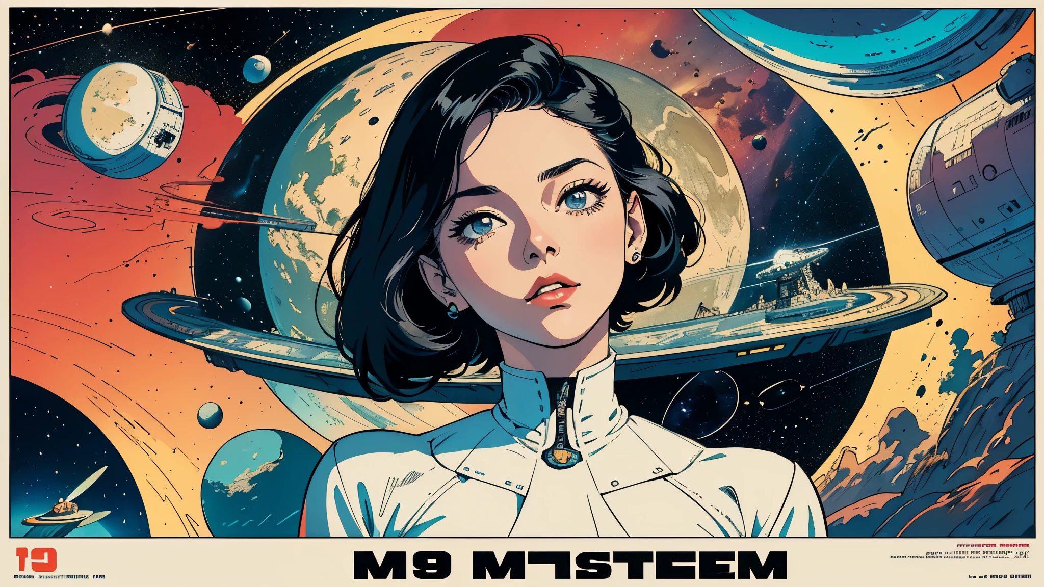 (masterpiece, highest quality), 8k wallpaper, very detailed, poster, vintage science fiction, 1960s,(((space thriller cinematic movie poster))), (bauhaus), shape,abstract, mid century modern, movie poster, vintage, Perfect Lady,anime,1970's,halftone,speech bubble