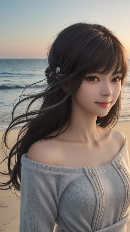 (8k, RAW photograph, highest quality, masterpiece:1.3),(Genuine,photograph:1.37),(Looking at the audience:1.331),Pause,Beachfront,Morning view,sunrise,sunny,One girl,とてもbeautiful顔,small,Hair weight,Fluffy hair,Random representation,Smile with the corners of your mouth,Big eyes,highest quality Hair,((highest quality)), ((masterpiece)), (detailed), whole body、wallpaper、Attention to detail、Perfect balance、Tight waist、Light brown hair、beautiful, Beautiful Skin、beautiful white skin、(masterpiece:1.3), 一眼レフphotograph、Best image quality: 1.4, Soft bust、:1.4、Loose, lightweight knitwear,20-year-old