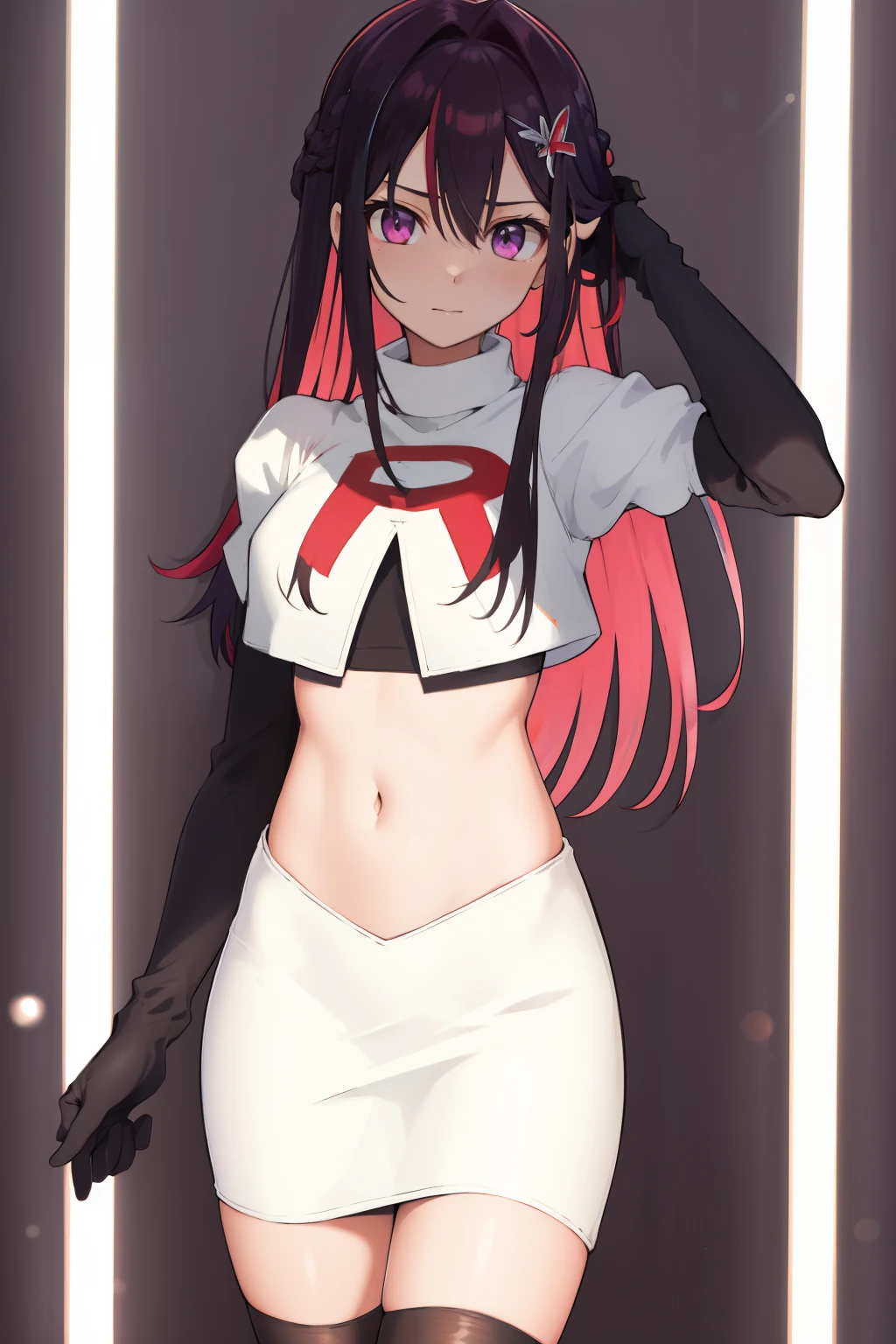 masterpiece, best quality, highres, 1girl, solo, multicolored hair, pink hair, purple eyes, black hair, colored inner hair, hair between eyes, two-tone hair, jewelry, x hair ornament, bangs, very long hair, streaked hair, hairclip, cowboy shot, team rocket,team rocket uniform,white skirt,red letter R,crop top,black thigh-highs,black elbow gloves