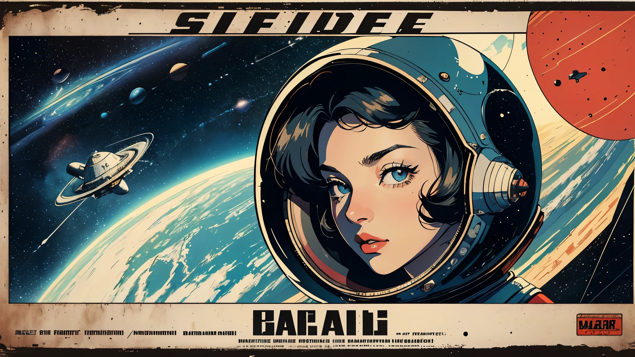 (masterpiece, highest quality), 8k wallpaper, very detailed, poster, vintage science fiction, 1960s,(((space thriller cinematic movie poster))), (bauhaus), shape,abstract, mid century modern, movie poster, vintage, Perfect Lady,anime,1970's,halftone,speech bubble