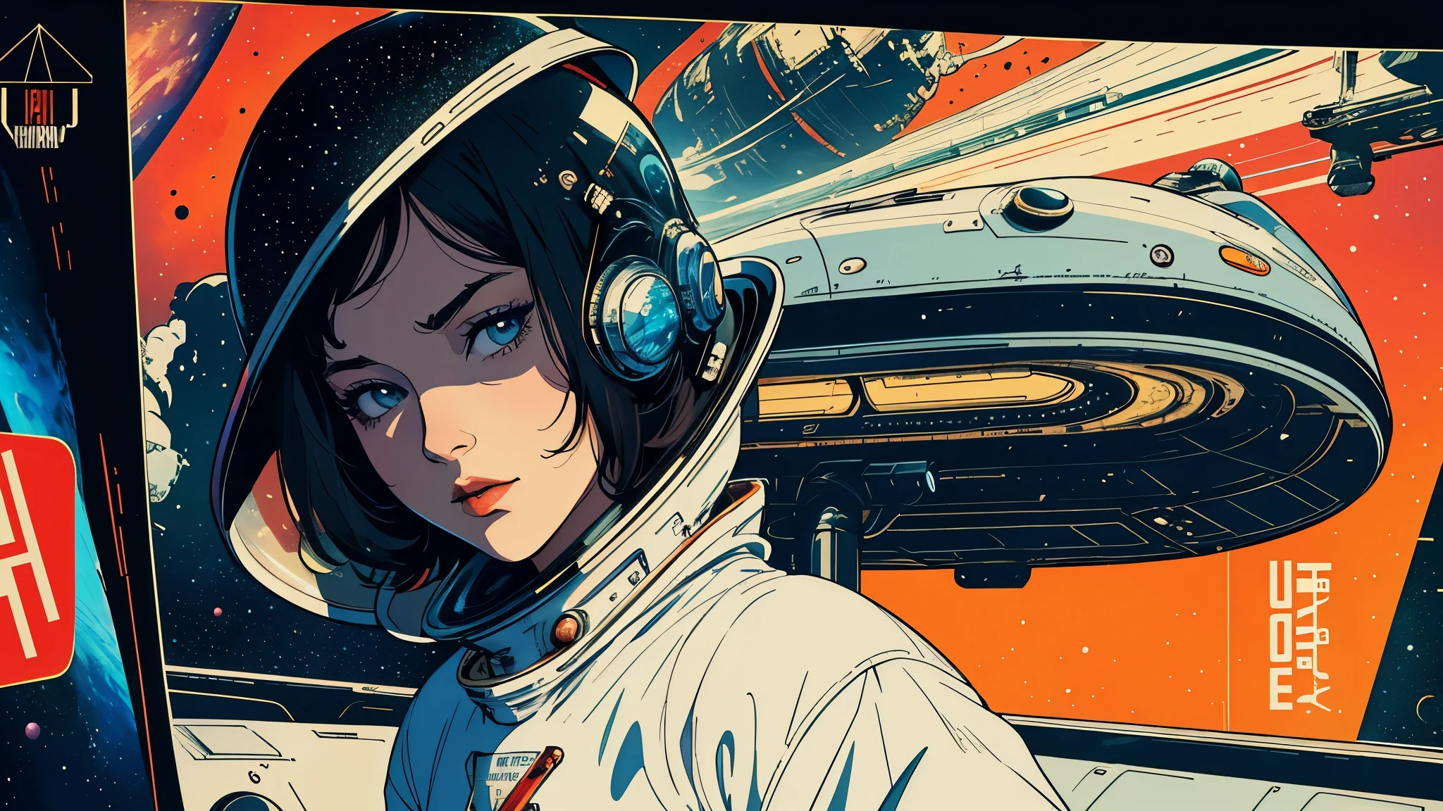 (masterpiece, highest quality), 8k wallpaper, very detailed, poster, vintage science fiction, 1960s,(((space thriller cinematic movie poster))), (bauhaus), shape,abstract, mid century modern, movie poster, vintage, Perfect Lady,anime,1970's,halftone,speech bubble