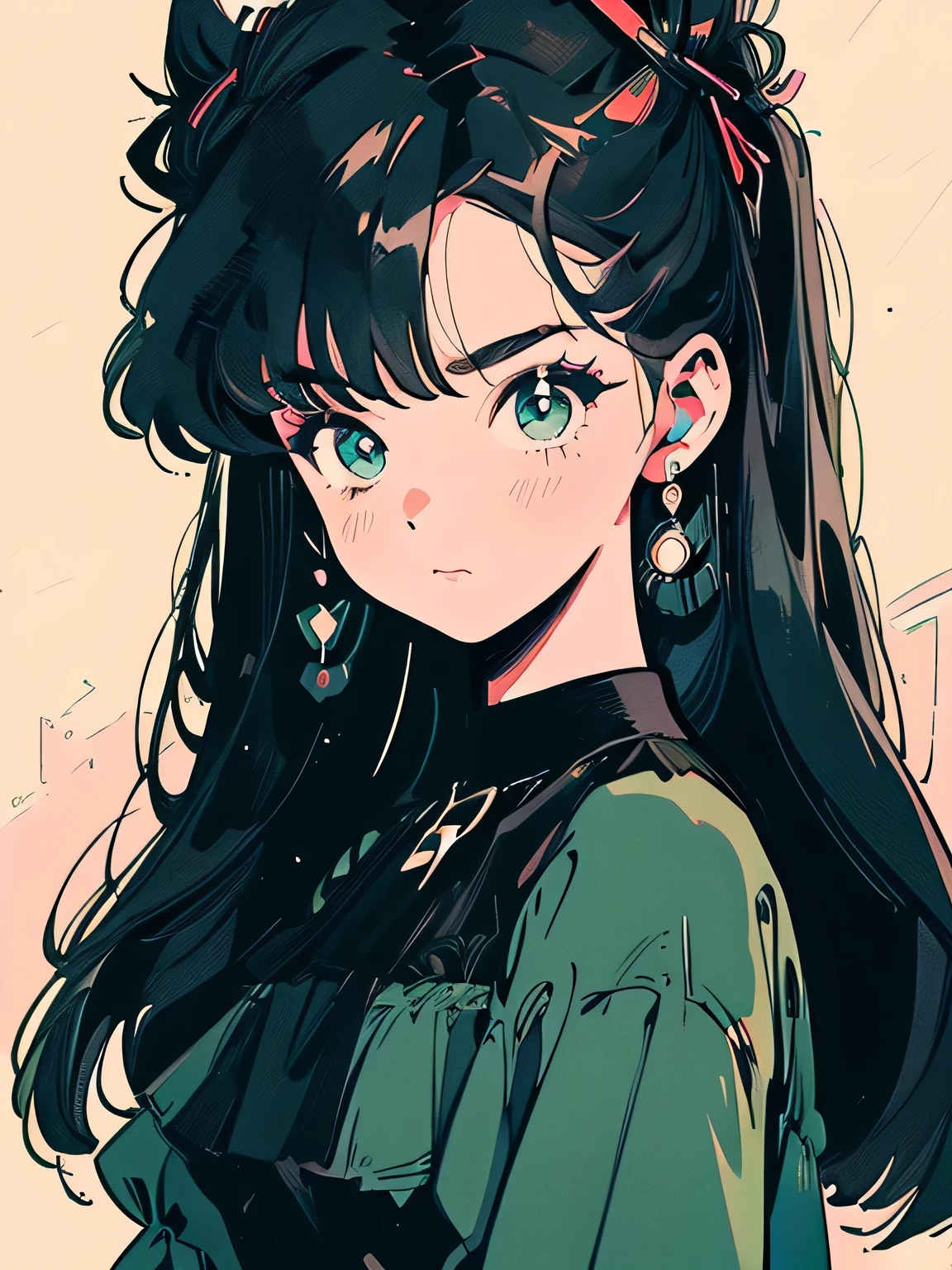 ((best quality)), ((masterpiece)), (detailed), perfect face, young girl, black hair, bangs, green eyes, black dress, romantic, soft smile, ((village)), looking at viewer, portrait, flat, ribbons, ((marnie pokemon)), (detail eyes), (shy), (perfect eyes), ((very shy)), blushing, (90 style)