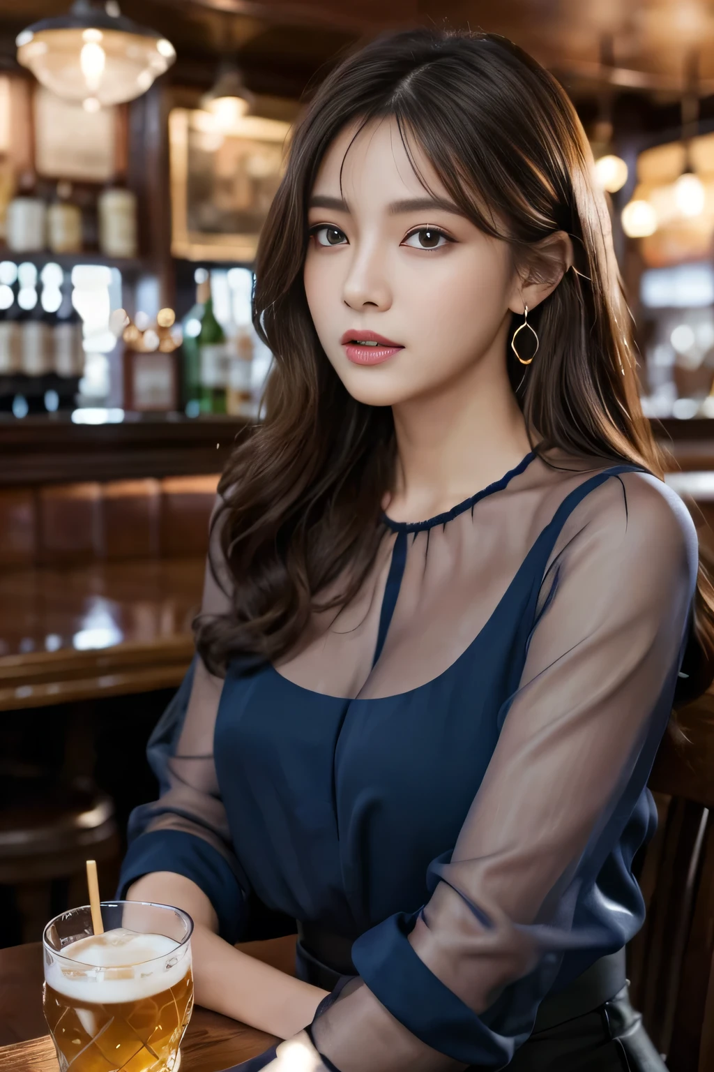 masterpiece, highest quality, Realistic, Very detailed, Finer details, High resolution, 8k wallpaper, One beautiful woman, Wear a navy blue see-through blouse, In a great pub, At night, Light brown messy hair, Perfect dynamic composition, Beautiful and beautiful eyes、Big earrings、Sitting in a chair、