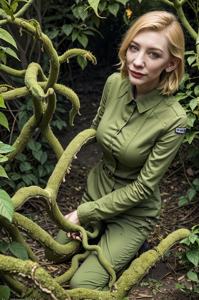 (Show Cate from head to toe)(Cate Blanchett (age 25), dressed appropriate to the scene) is in the Deep Space Exploration Force, having landed her explorer shuttle on a jungle world and set off on foot. She has become ensnared in the eldritch tentacle vines of a man eating plant. Cate struggles to free herself but the vines have already dissolved away almost all of her uniform and now drag her to the huge vicious maw of the plant (tentacles grasping, caressing, squeezing, exploring, many vines enveloping the damsel, forcefully removing what remains of the uniform). Damsel in peril! Slime dripping Alien jungle world. High thrills. High Peril! Desperate Struggle for survival. Show Cate from head to toe, show all of her, full body shot (sfw, vines or rags cover nipples)(Negative Prompt:NSFW)
