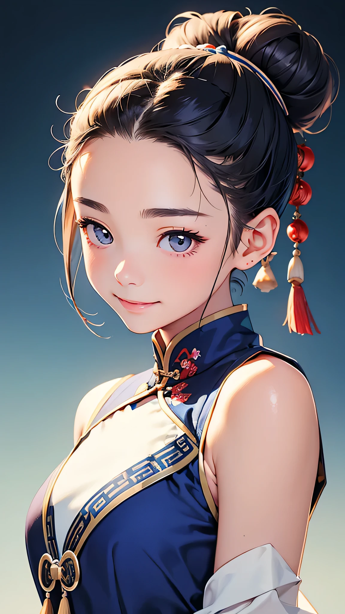 highest quality、Realistic、Japanese、girl、zoom、cute、Grey Eyes、Hair Bun、Chestnut Hair、Back to all、the forehead is protruding、Blue Chinese Dress、Looking down、Big smile、Bust Shot、thin、Small breasts