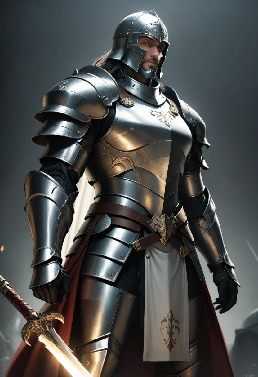 1 armored paladin,highly detailed face,determined expression,knight,medieval armor,metal armor,fantasy character,muscular body,heroic pose,glowing sword,epic fantasy,dramatic lighting,muted color palette,cinematic composition,photorealistic,8k,masterpiece,digital art