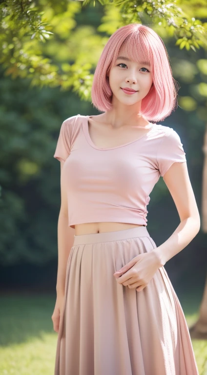 Realistic, (photo-Realistic:1.37),(8k, RAW Photos, highest quality, masterpiece:1.2), cute, Dayu Seren, Very delicate and beautiful girl,Very detailed, , Genuine, incredibly Absurd, Abstraction, very elaborate body, セクシーなsmile, young,20-year-old, Heart-shaped pupils,(Pink Hair:1.4), Two-tone hair, Beautiful fine hair, Exquisite and beautiful face,Clear Eyes, Soft lips, Absurd, Very CGI-like,(bottomless :1),(nude :1.3),(Japanese),(33 years old), (Slender women), (Small Tits),Flat Chest,(Narrow eyes),((I narrowed my eyes.)),((Small eyes)),((single eyelid)),(Otakuy),(Otaku),(Long face),(Calm face),(Modest and inconspicuous face),(She is short in height),(She hardly ever wears makeup),Natural Makeup,(Thin lips),smile,(Shoulder-length hair),Hair is straight,The ears are covered by hair,Black Hair,Bangs are the same length as eyebrows, (the forehead is hidden by bangs),(she is in a bright park),(She has small breasts), (((She is wearing a large navy blue T-shirt.))), ((She is wearing a beige long skirt.)), (Realistic), (Ray Tracing), (Sharp focus), clavicle, (Detailed face), Natural and realistic skin texture, Soft Face,  (((Camel Toe))),((Perfect Anatomy:1.4))