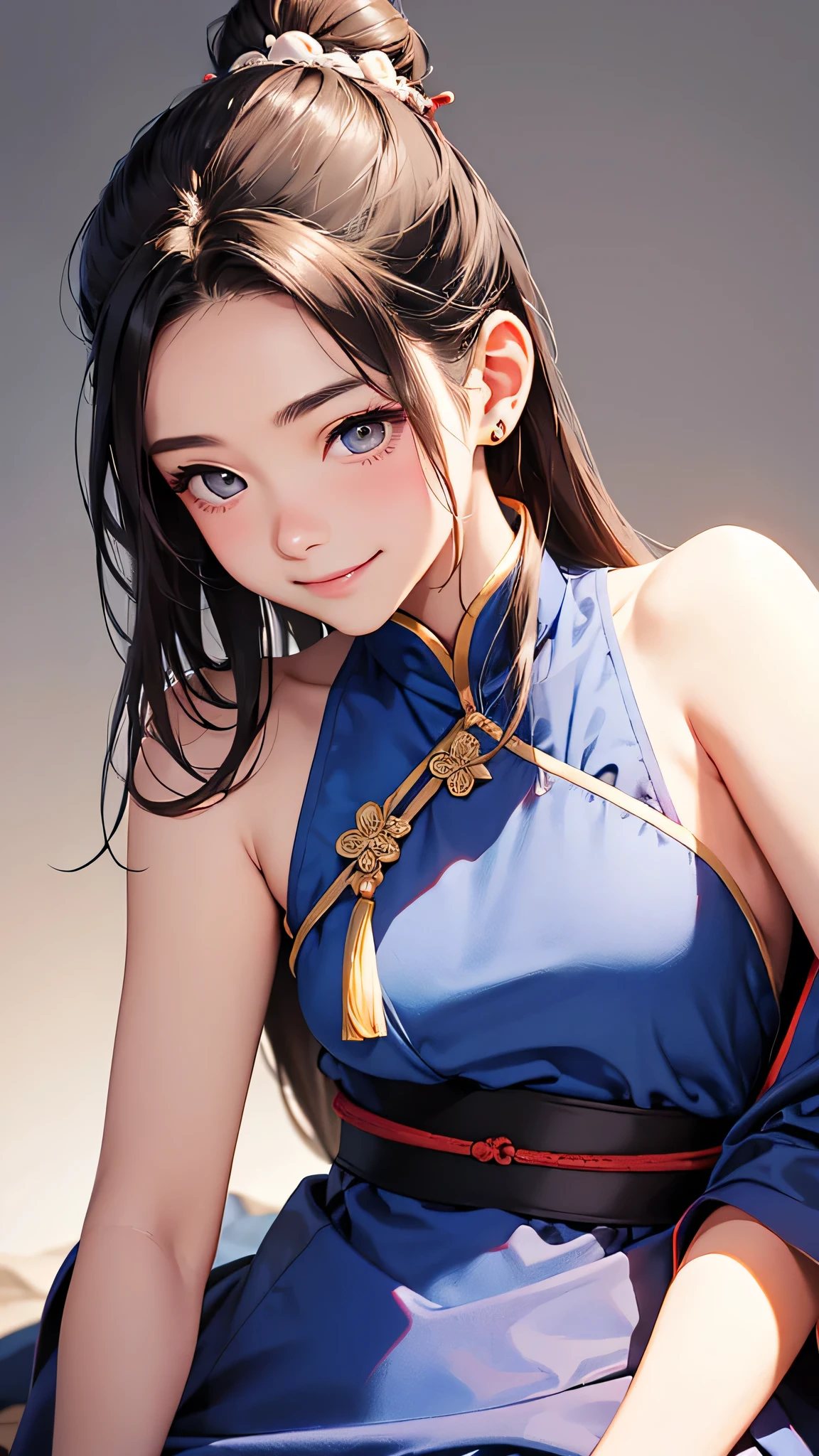 highest quality、Realistic、Japanese、girl、zoom、cute、Grey Eyes、Hair Bun、Chestnut Hair、Back to all、the forehead is protruding、Blue Chinese Dress、Looking down、Big smile、Bust Shot、thin、Small breasts