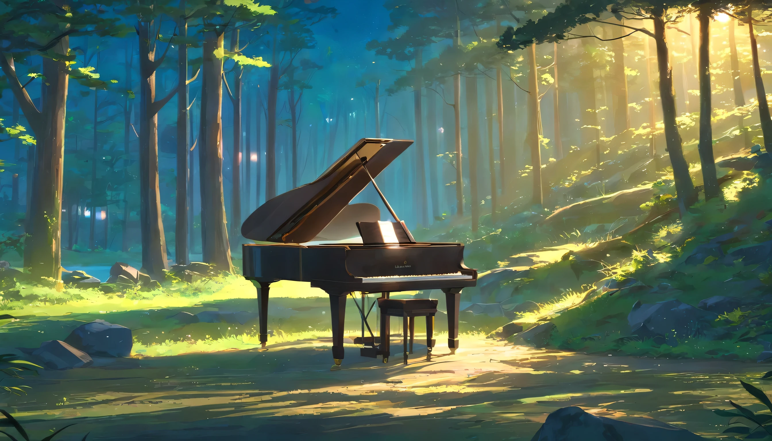 A piano in the middle of the woods near a river、A grand piano illuminated by the full moon