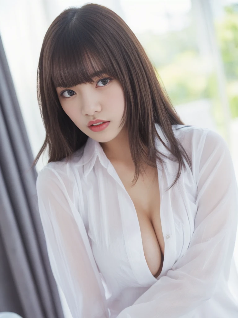 1girl, breasts, brown hair, black eyes, cleavage, curtains, lips, long hair, long sleeves, looking at viewer, medium breasts, open shirt, realistic, solo, upper body, white shirt, window