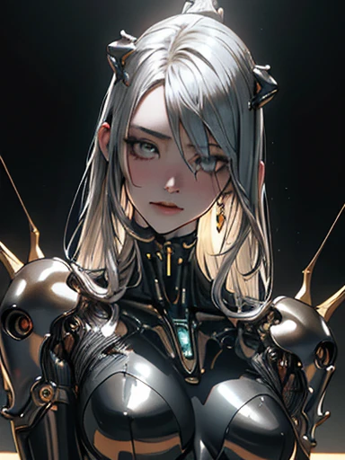 Top Quality, Masterpiece, Ultra High Resolution, ((Photorealistic: 1.4), Raw Photo, 1 cyberpunk Girl, Glossy Skin, 1 Mechanical Girl, (Ultra Realistic Details)), mechanical limbs, tubes connected to the mechanical parts, mechanical vertebrae attached to the spine, mechanical cervical attachment to the neck, wires and cables connecting to the head, Evangelion, Ghost in the Shell, small glowing LED lamps, global lighting, deep shadows, Octane Rendering, 8K, Ultra Sharp, Metal, Intricate Ornament Details, baroque details, Very intricate details, realistic light, CGSoation trend, facing the camera, neon details, (android manufactory in background), art by H.R. Giger and Alphonse Mucha.