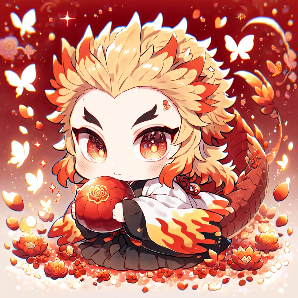 absurdres, highres, ultra detailed, HDR, master piece, best quality, Rengoku Kyojuro chibi, blonde hair, expressive orange eyes, kimetsu no yaiba, solo, cute, boy hugging a red dragon, white haori, black kimono, patterns, magical, fantasy, red background, red lotus, shining, red petals, red glittering butterflies