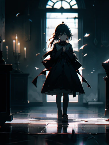 Create an image featuring two girls in a dark, candle-lit basement, One girl is (visibly crying and sad), overwhelmed by her emotions, The other girl is (magical girl who has succumbed to evil), (she stands behind the crying girl), her expression sinister as she attempts to turn the jewel on her chest black, symbolizing her fall from grace. The basement should be dimly lit, with numerous candles scattered on the floor, casting eerie shadows and creating a somber, mysterious atmosphere. The contrast between the two girls, one in despair and the other embodying darkness, should be striking and emotionally impactful.