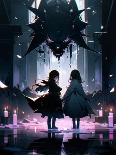 Create an image featuring two girls in a dark, candle-lit basement, One girl is (visibly crying and sad), overwhelmed by her emotions, The other girl is (magical girl who has succumbed to evil), (she stands behind the crying girl), her expression sinister as she attempts to turn the jewel on her chest black, symbolizing her fall from grace. The basement should be dimly lit, with numerous candles scattered on the floor, casting eerie shadows and creating a somber, mysterious atmosphere. The contrast between the two girls, one in despair and the other embodying darkness, should be striking and emotionally impactful.