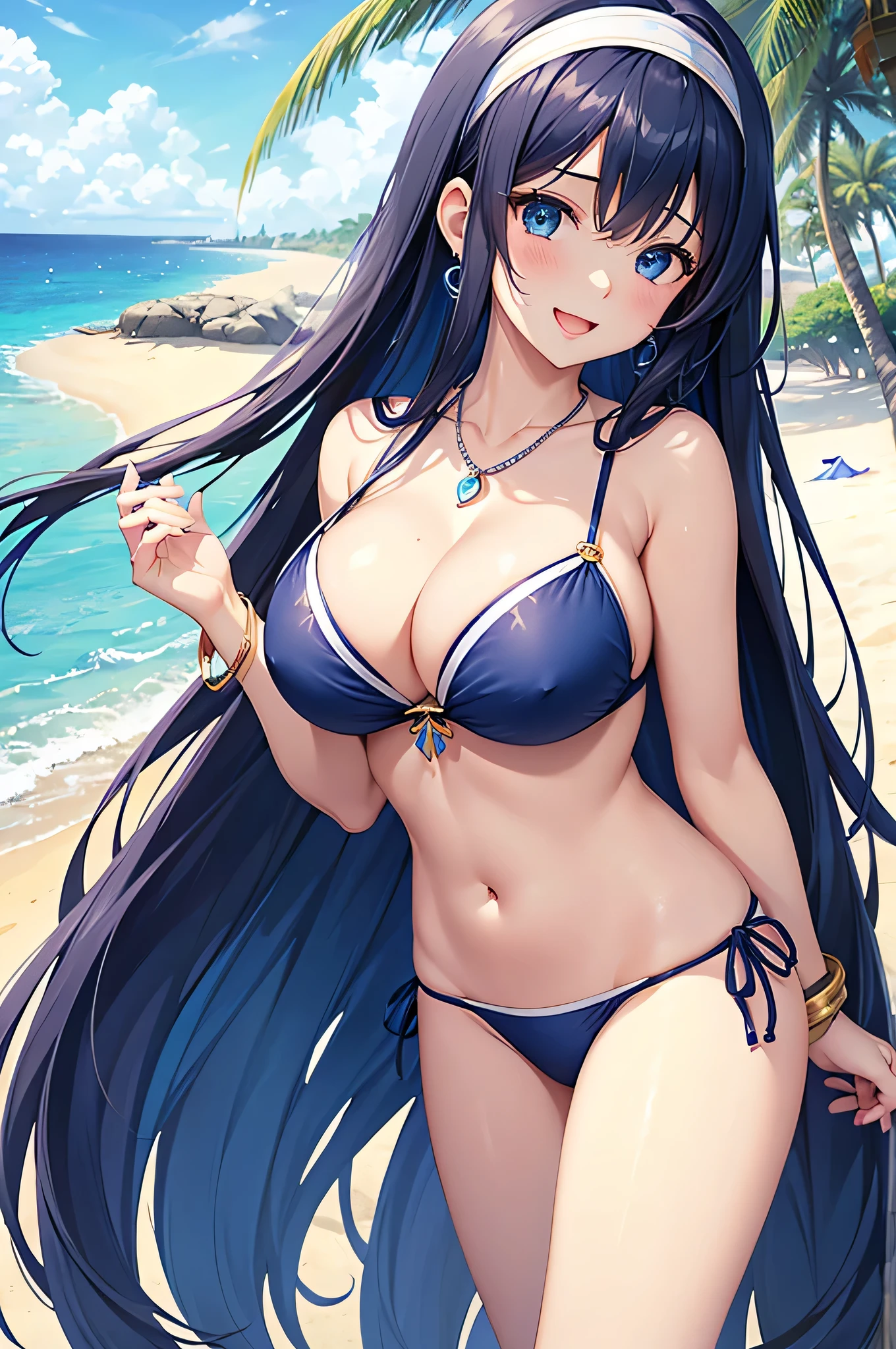 highest quality、Best image quality、masterpiece、beautiful girl、Navy blue long hair、blue eyes、Navy Blue Bikini、Big cleavage、(Big Breasts)、smile、blue necklace、Blue Earrings、background(Beach)、Sexy pose、Please open your mouth wide、White headband、Put your chest together、bracelet