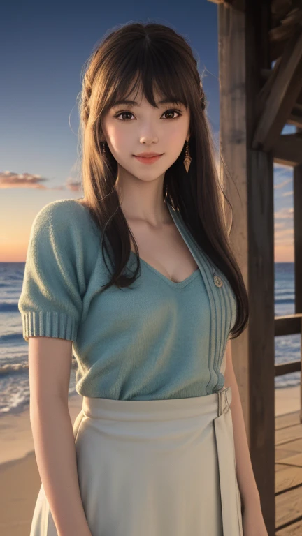 (8k, RAW photograph, highest quality, masterpiece:1.3),(Genuine,photograph:1.37),(Looking at the audience:1.331),Pause,Beachfront,Morning view,sunrise,sunny,One girl,とてもbeautiful顔,small,Hair weight,Fluffy hair,Random representation,Smile with the corners of your mouth,Big eyes,highest quality Hair,((highest quality)), ((masterpiece)), (detailed), whole body、wallpaper、Attention to detail、Perfect balance、Tight waist、Light brown hair、beautiful, Beautiful Skin、beautiful white skin、(masterpiece:1.3), 一眼レフphotograph、Best image quality: 1.4, Soft bust、Cleavage:1.4、Loose, lightweight knitwear,20-year-old