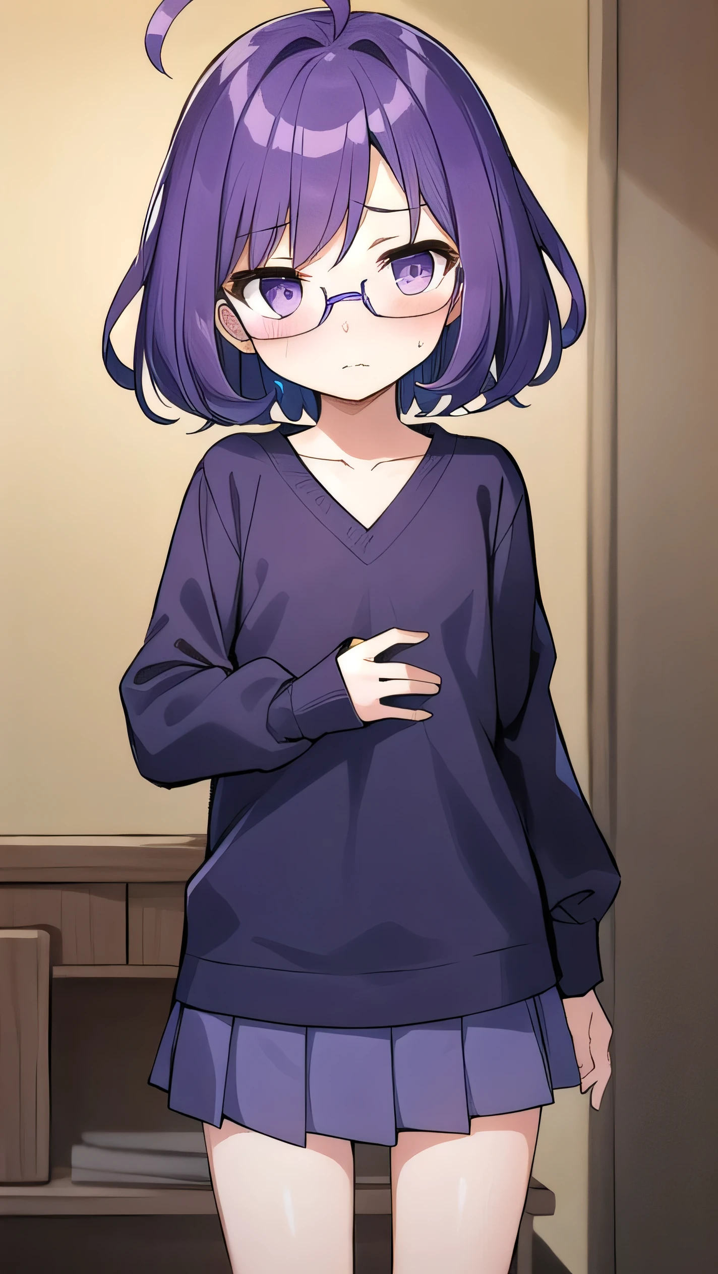 (Purple hair:1.4), purple eyes, , navy blue miniskirt, , short, short long hair, kind expression, shy, flipped hair, long sleeves, ahoge, girl alone, flipped hair, glasses with no edges, embarrassed, flat chest