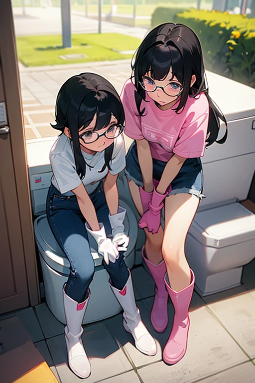 Two elementary school girls with glasses and black hair in jeans skirts and sweatshirts cleaning the toilets in a park wearing large pink rubber gloves and white rubber boots