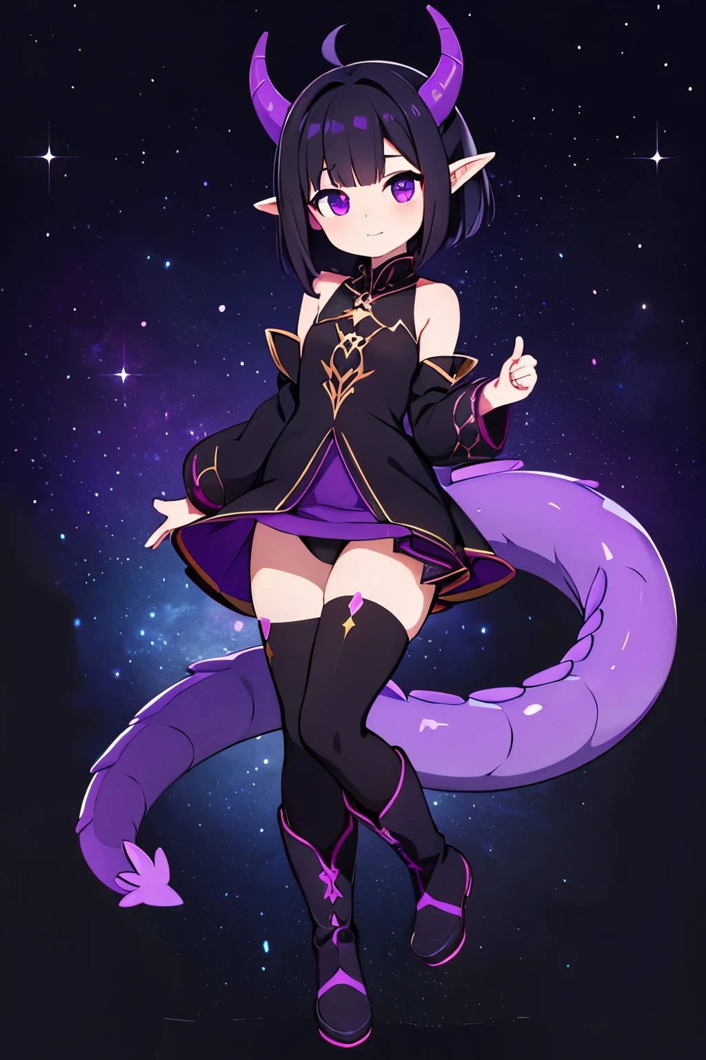 a dragon girl from the universe with short black starry hair with purple and black horns and a black tail with clothes with star details full body with black boots and a star at the tip with a dark purple sock