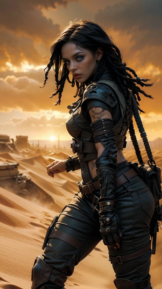 A hyperrealistic image at a high angle of: ((Una sexy mujer con rastas y ojos verdes, wears sexy, post-apocalyptic clothes in the style of Mad Max, desgarrada y con gran escote, armadura de chatarra de metal negro, wear dreadlocks with black and metallic thorn beads)), (Cabello largo color rojo despeinado, sucio), con maquillaje gotico, sombra de ojos amplio negro corrido, parada en el desierto sobre las dunas, orgullosa, soberbia, poderosa, athletic and scarred body, pelo color rojo despeinado con rastas y cuentas de metal negro y espinas. she is standing next to her battle car like Furiosa from the Mad Max saga, auto robusto oxidado y sucio lleno de picos y armas, desolate desert landscape. She is standing walking through the dunes of the post-apocalyptic desert, raytraced, viento, paisaje desolador y desertico, (aesthetics and atmosphere:1.2), poder, enojada, vengativa, ojos brillantes rojos como llamas，plano amplio, cuerpo completo. (foto cruda, mejor calidad), (realista, photo-realista:1.3), Obra maestra, un extremadamente perfecto y hermoso cuerpo tatuado totalmente, cuerpo palido extremadamente detallado, Best quality score, ultra dynamic pose, close up, high view, desertic and dark atmosphere, pose de odio, fist clenched in anger,  dunas decerticas, fist clenched in anger, alambre de puas.