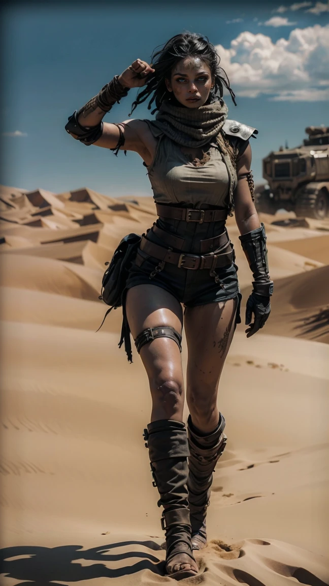 A hyperrealistic image at a high angle of: ((Una sexy mujer con rastas y ojos verdes, wears sexy, post-apocalyptic clothes in the style of Mad Max, desgarrada y con gran escote, armadura de chatarra de metal negro, wear dreadlocks with black and metallic thorn beads)), (Cabello largo color rojo despeinado, sucio), con maquillaje gotico, sombra de ojos amplio negro corrido, parada en el desierto sobre las dunas, orgullosa, soberbia, poderosa, athletic and scarred body, pelo color rojo despeinado con rastas y cuentas de metal negro y espinas. she is standing next to her battle car like Furiosa from the Mad Max saga, auto robusto oxidado y sucio lleno de picos y armas, desolate desert landscape. She is standing walking through the dunes of the post-apocalyptic desert, raytraced, viento, paisaje desolador y desertico, (aesthetics and atmosphere:1.2), poder, enojada, vengativa, ojos brillantes rojos como llamas，plano amplio, cuerpo completo. (foto cruda, mejor calidad), (realista, photo-realista:1.3), Obra maestra, un extremadamente perfecto y hermoso cuerpo tatuado totalmente, cuerpo palido extremadamente detallado, Best quality score, ultra dynamic pose, close up, high view, desertic and dark atmosphere, pose de odio, fist clenched in anger,  dunas decerticas, fist clenched in anger, alambre de puas.