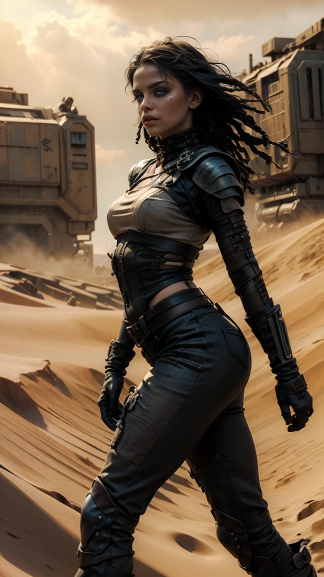 A hyperrealistic image at a high angle of: ((Una sexy mujer con rastas y ojos verdes, wears sexy, post-apocalyptic clothes in the style of Mad Max, desgarrada y con gran escote, armadura de chatarra de metal negro, wear dreadlocks with black and metallic thorn beads)), (Cabello largo color rojo despeinado, sucio), con maquillaje gotico, sombra de ojos amplio negro corrido, parada en el desierto sobre las dunas, orgullosa, soberbia, poderosa, athletic and scarred body, pelo color rojo despeinado con rastas y cuentas de metal negro y espinas. she is standing next to her battle car like Furiosa from the Mad Max saga, auto robusto oxidado y sucio lleno de picos y armas, desolate desert landscape. She is standing walking through the dunes of the post-apocalyptic desert, raytraced, viento, paisaje desolador y desertico, (aesthetics and atmosphere:1.2), poder, enojada, vengativa, ojos brillantes rojos como llamas，plano amplio, cuerpo completo. (foto cruda, mejor calidad), (realista, photo-realista:1.3), Obra maestra, un extremadamente perfecto y hermoso cuerpo tatuado totalmente, cuerpo palido extremadamente detallado, Best quality score, ultra dynamic pose, close up, high view, desertic and dark atmosphere, pose de odio, fist clenched in anger,  dunas decerticas, fist clenched in anger, alambre de puas.