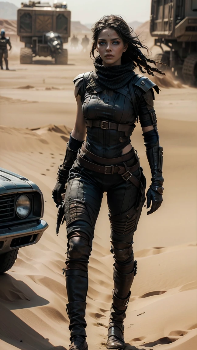 A hyperrealistic image at a high angle of: ((Una sexy mujer con rastas y ojos verdes, wears sexy, post-apocalyptic clothes in the style of Mad Max, desgarrada y con gran escote, armadura de chatarra de metal negro, wear dreadlocks with black and metallic thorn beads)), (Cabello largo color rojo despeinado, sucio), con maquillaje gotico, sombra de ojos amplio negro corrido, parada en el desierto sobre las dunas, orgullosa, soberbia, poderosa, athletic and scarred body, pelo color rojo despeinado con rastas y cuentas de metal negro y espinas. she is standing next to her battle car like Furiosa from the Mad Max saga, auto robusto oxidado y sucio lleno de picos y armas, desolate desert landscape. She is standing walking through the dunes of the post-apocalyptic desert, raytraced, viento, paisaje desolador y desertico, (aesthetics and atmosphere:1.2), poder, enojada, vengativa, ojos brillantes rojos como llamas，plano amplio, cuerpo completo. (foto cruda, mejor calidad), (realista, photo-realista:1.3), Obra maestra, un extremadamente perfecto y hermoso cuerpo tatuado totalmente, cuerpo palido extremadamente detallado, Best quality score, ultra dynamic pose, close up, high view, desertic and dark atmosphere, pose de odio, fist clenched in anger,  dunas decerticas, fist clenched in anger, alambre de puas.