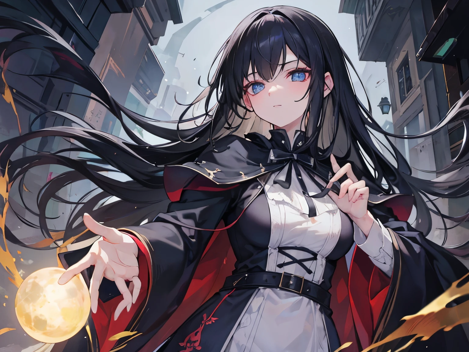 Villain, 200-year-old witch, long black hair, magic in her hands shining