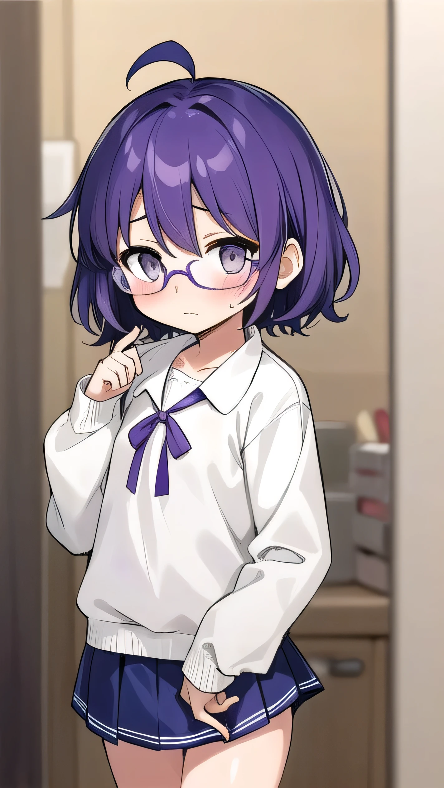 (Purple hair:1.4), gray eyes, white , navy blue miniskirt, , short, short long hair, kind expression, shy, flipped hair, long sleeves, ahoge, girl alone, flipped hair, glasses with no edges, embarrassed, flat chest