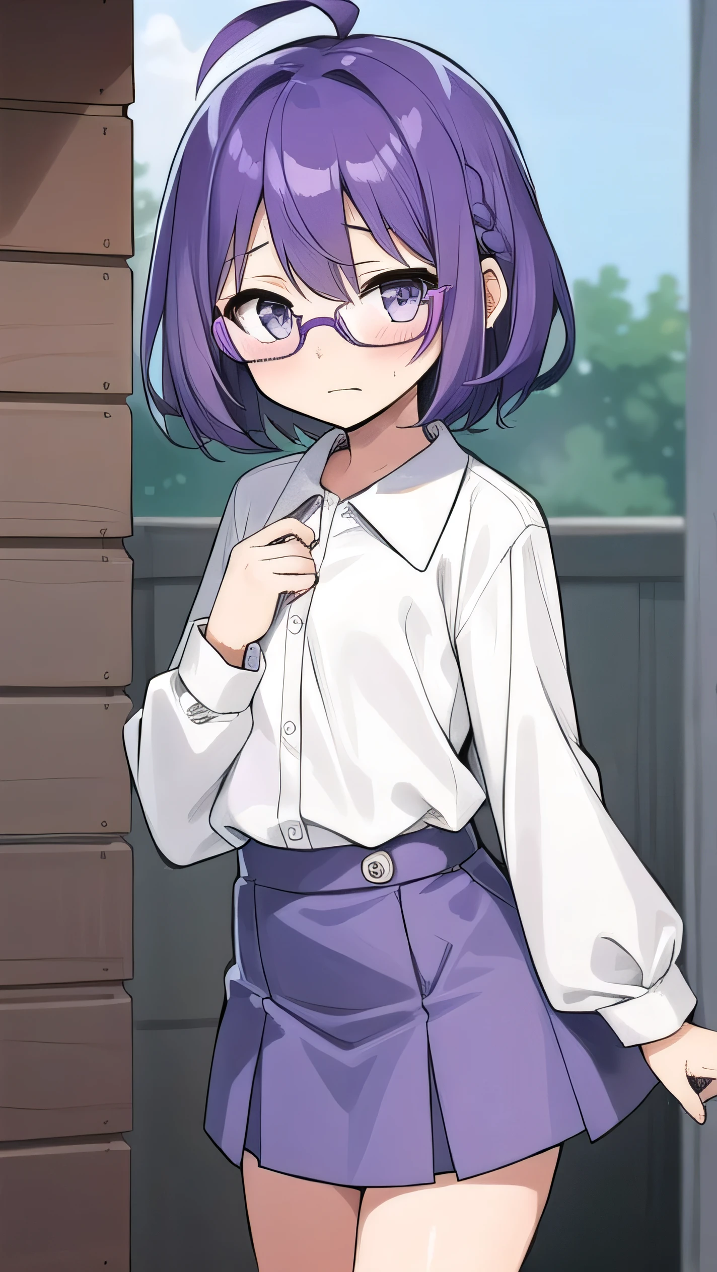 (Purple hair:1.4), gray eyes, white , navy blue miniskirt, 11 years old, short, short long hair, kind expression, shy, flipped hair, long sleeves, ahoge, girl alone, flipped hair, glasses with no edges, embarrassed, flat chest