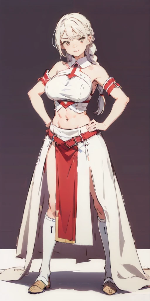 (((Plain background 1:2))) (masterpiece, high quality: 1.1) 1girl full body standing, hairstyle with a braid, white colored hair, yellow eyes, perfect lighting, muscular, thighs, mature woman, mummy, bellybutton, abs, looks at the viewer smile RED CHEEKS, extremely huge breasts, maternal, porcelain skin, extra very long hair, sparkly skin, good face, chest cover, HANDS ON HIPS