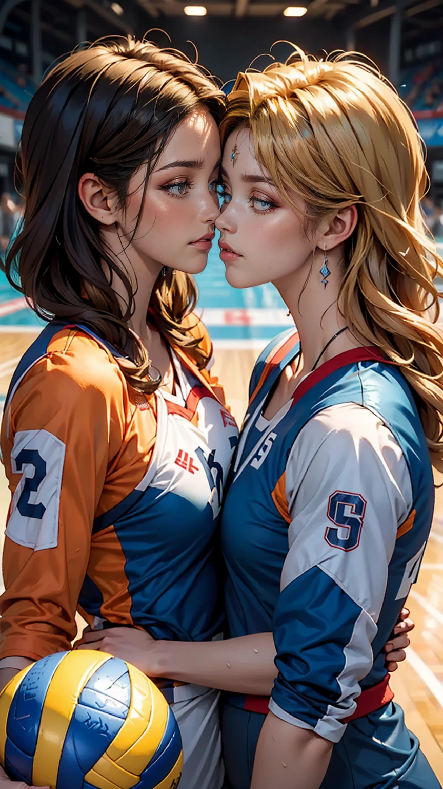 Two women kissing side by side, Wearing a white and blue volleyball suit, No sleeve, At the same height, (Brunette, Sunburned) (Blonde), small, Sweaty chest, masterpiece, highest quality, Great Shadows, Detailed Background, Silk Shot