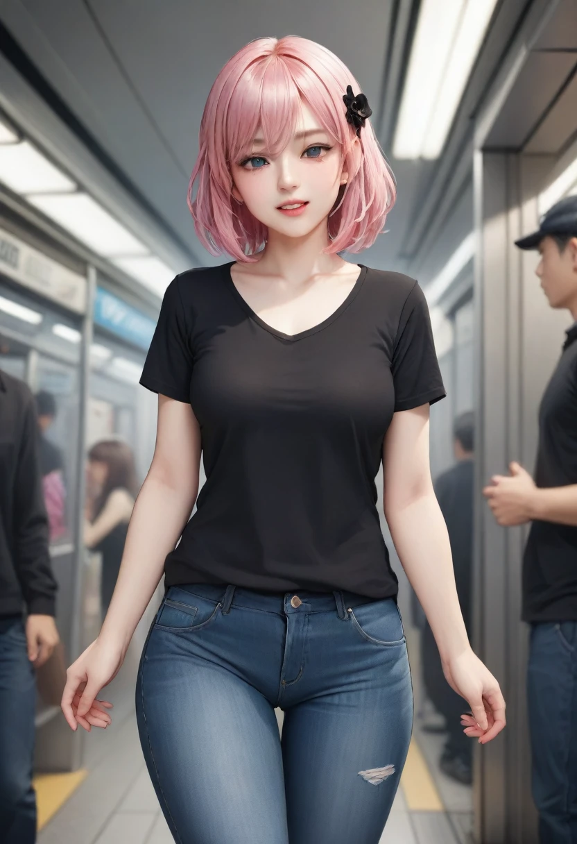 (masterpiece), (highest quality), (High resolution), detailed, (複雑なdetailed 1.2), (Hyper detailed 1.4), (Gorgeous Digital Art 1.2), Absurd, One girl, Small breasts, teeth, hair ornaments, alone, Pink Hair, (Black Shirt:1.3), jeans, (station:1.2) running, Thighs, Short Stack, 