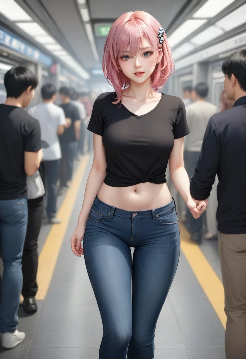 (masterpiece), (highest quality), (High resolution), detailed, (複雑なdetailed 1.2), (Hyper detailed 1.4), (Gorgeous Digital Art 1.2), Absurd, One girl, Small breasts, teeth, hair ornaments, alone, Pink Hair, (Black Shirt:1.3), jeans, (station:1.2) running, Thighs, Short Stack, 