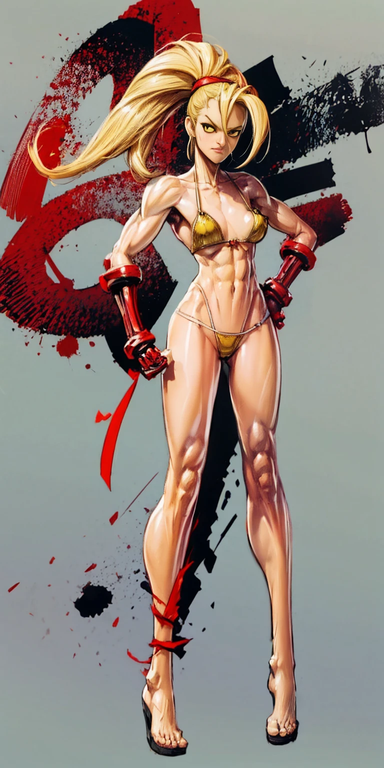 ((plain background)) Cammy White Street Fighter 7th full body 1sologirl barefoot feet together, hands on hips red gloves gauntlets, 1piece yellow bikini slingshot