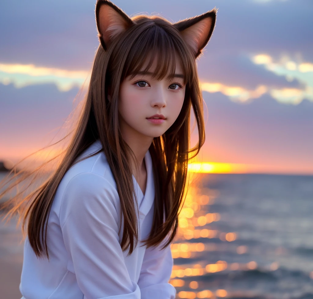 8k、highest quality、Like a real photo、masterpiece、Product quality, One girl,, Young and beautiful woman in Japan, Long Bob Hair, Attractive appearance,, High resolution, High detail, Detailed hairstyle, Detailed face, Spectacular movie lighting, Octane Rendering, Vibrant, Ultra-realistic, Perfect limbs, Perfect Anatomy、17 years old、Cat ears on the head、Her hair is light brown.、Cool clothes、The background is the coast at sunset、fireworks in the distant sky、A human being who is a combination of a cat and a girl、Natural color lip、Attractive eyes、The color of the cat's ears is dark brown.、Eye color is blue、The ears are hidden by the hair、Double teeth、Yawning