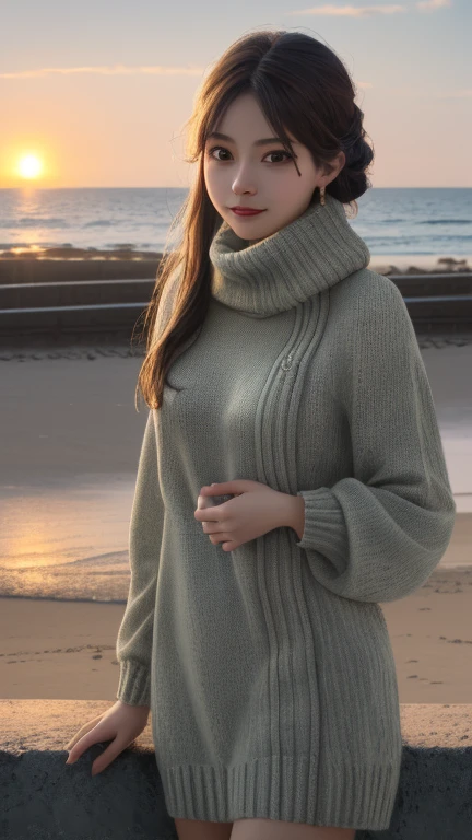 (8k, RAW photograph, highest quality, masterpiece:1.3),(Genuine,photograph:1.37),(Looking at the audience:1.331),Pause,Beachfront,Morning view,sunrise,sunny,One girl,とてもbeautiful顔,small,Hair weight,Fluffy hair,Random representation,Smile with the corners of your mouth,Big eyes,highest quality Hair,((highest quality)), ((masterpiece)), (detailed), whole body、wallpaper、Attention to detail、Perfect balance、Tight waist、Light brown hair、beautiful, Beautiful Skin、beautiful white skin、(masterpiece:1.3), 一眼レフphotograph、Best image quality: 1.4, Soft bust、Cleavage:1.4、Loose, lightweight knitwear,20-year-old