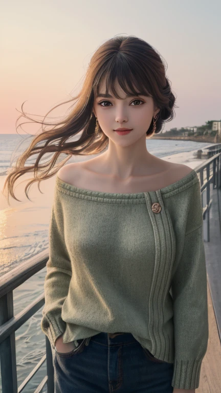 (8k, RAW photograph, highest quality, masterpiece:1.3),(Genuine,photograph:1.37),(Looking at the audience:1.331),Pause,Beachfront,Morning view,sunrise,sunny,One girl,とてもbeautiful顔,small,Hair weight,Fluffy hair,Random representation,Smile with the corners of your mouth,Big eyes,highest quality Hair,((highest quality)), ((masterpiece)), (detailed), whole body、wallpaper、Attention to detail、Perfect balance、Tight waist、Light brown hair、beautiful, Beautiful Skin、beautiful white skin、(masterpiece:1.3), 一眼レフphotograph、Best image quality: 1.4, Soft bust、Cleavage:1.4、Loose, lightweight knitwear,20-year-old