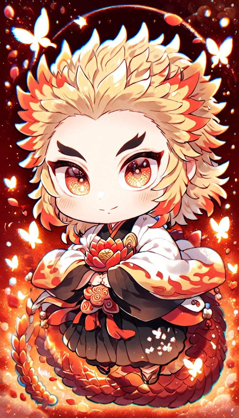 absurdres, highres, ultra detailed, HDR, master piece, best quality, Rengoku Kyojuro chibi, blonde hair, expressive orange eyes, kimetsu no yaiba, solo, cute, hugging a red dragon, white haori, black kimono, patterns, magical, fantasy, red background, red lotus, shining, red petals, red glittering butterflies