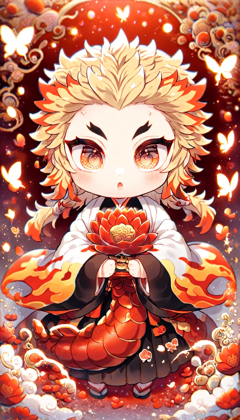 absurdres, highres, ultra detailed, HDR, master piece, best quality, Rengoku Kyojuro chibi, blonde hair, expressive orange eyes, kimetsu no yaiba, solo, cute, hugging a red dragon, white haori, black kimono, patterns, magical, fantasy, red background, red lotus, shining, red petals, red glittering butterflies