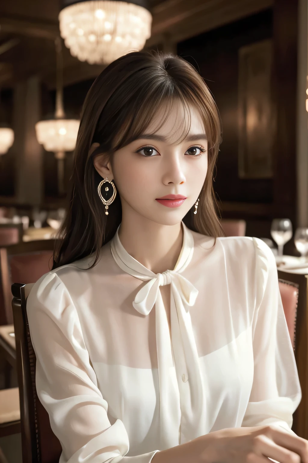 masterpiece, highest quality, Realistic, Very detailed, Finer details, High resolution, 8k wallpaper, One beautiful woman, Wear an elegant white see-through blouse, In a great restaurant, At night, Light brown messy hair, Perfect dynamic composition, Beautiful and beautiful eyes、Big earrings、Sitting in a chair、