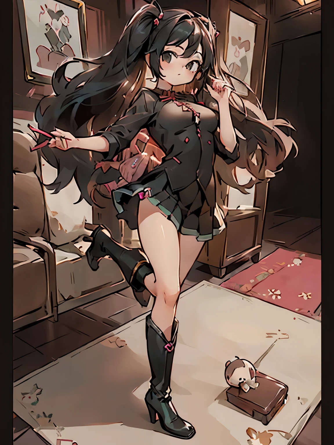 (masterpiece、highest quality、highest quality、Official Art、Beautiful and beautiful:1.2)、(One girl:1.3)Hatsune Miku、Twin tails,Big Breasts,(Surreal), (figure), (High resolution), (8k), (Very detailed), (beste figure), (Beautiful fine details), (highest quality), (Very detailed), (masterpiece), (carpet), (Detailed face), (Dynamic pose), Four Girls, black pleated mini skirt, Wavy black hair, On a busy street in London , Different Eyes, ((High heel boots)), Very large breasts, Long legs, Tone your abs, (Shiny black stockings), (No panties), (No bra), Dazzling Jewelry, Handbags, Trophy Doll, Barbie Doll, Latex pap