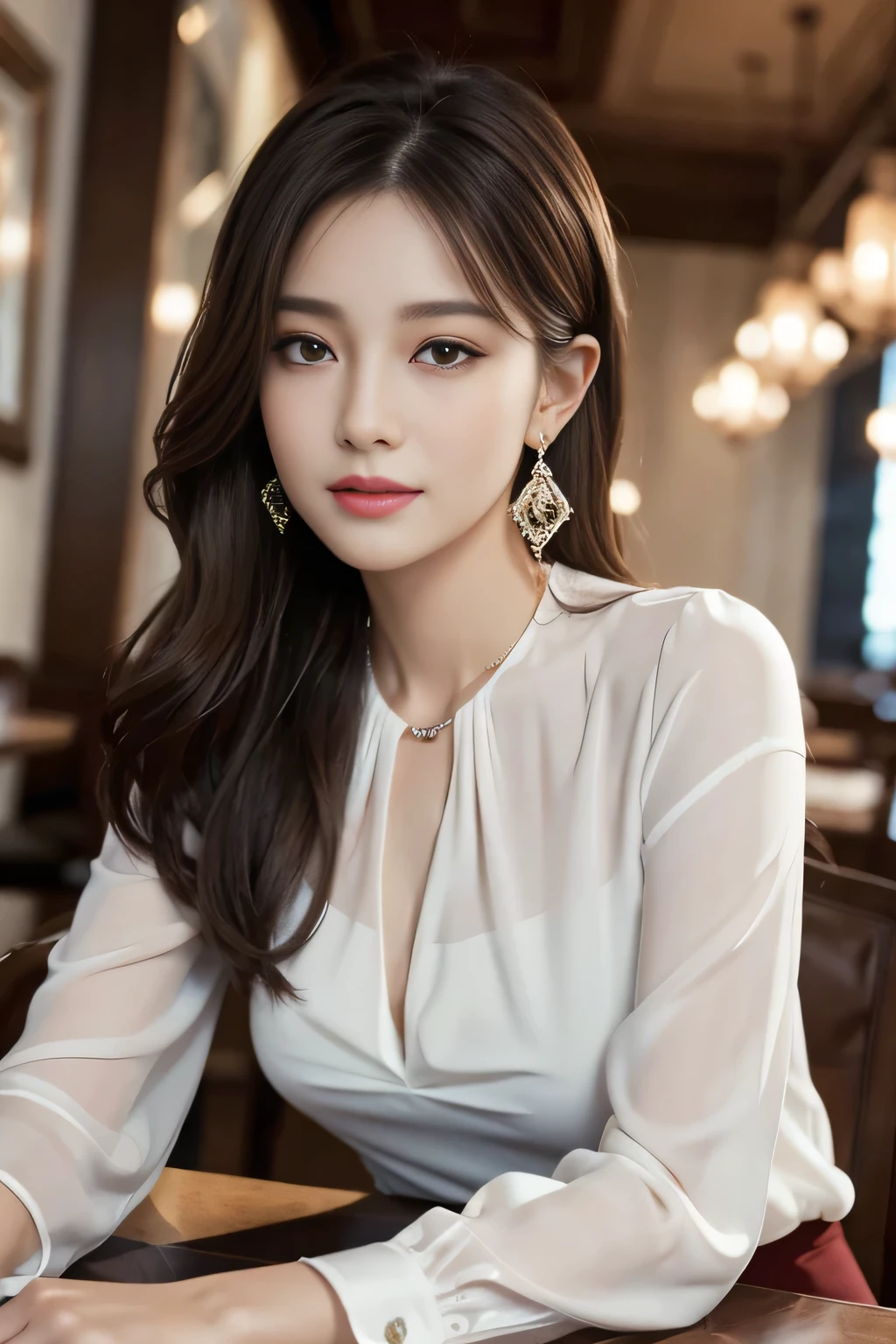 A beautiful woman in a navy blue sheer shirt in a wonderful restaurant at night, with long messy light brown hair, perfect dynamic composition, beautiful detailed eyes, large earrings, pendant, bracelet, (best quality,4k,8k,highres,masterpiece:1.2),ultra-detailed,(realistic,photorealistic,photo-realistic:1.37),HDR,UHD,studio lighting,ultra-fine painting,sharp focus,physically-based rendering,extreme detail description,professional,vivid colors,bokeh,portrait